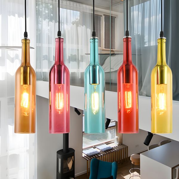 5Head Wine Bottle Pendant Light Retro Style Colorful Glass Black