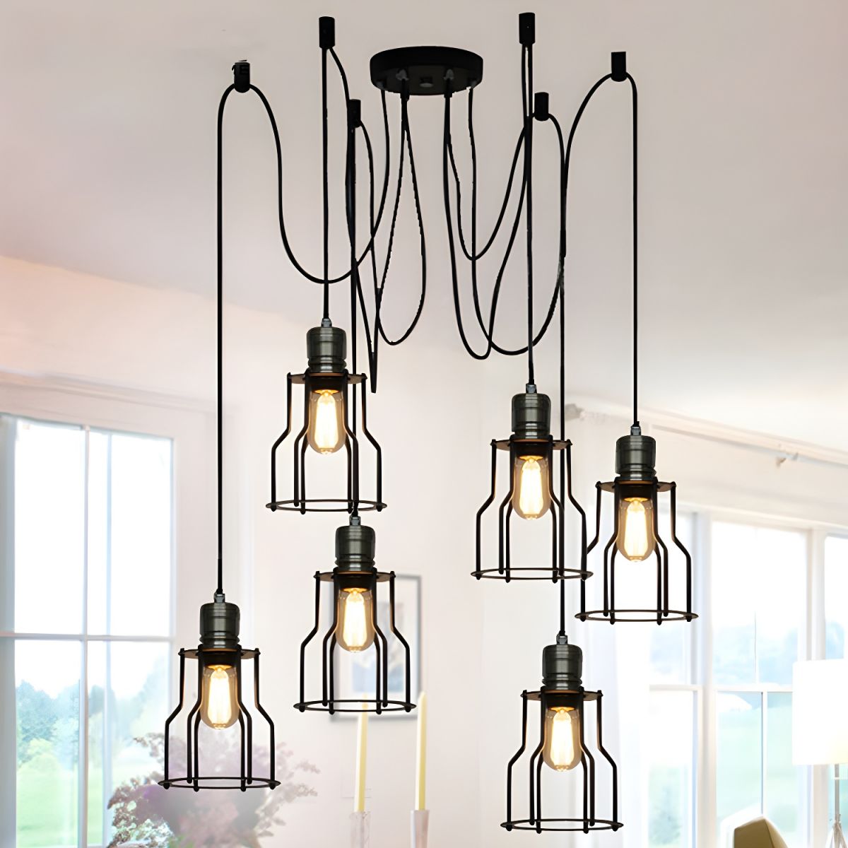 Cage Shade Metal Spider Lamp Farmhouse 6 Heads Living Room Multi Light Pendant in Black Pendant