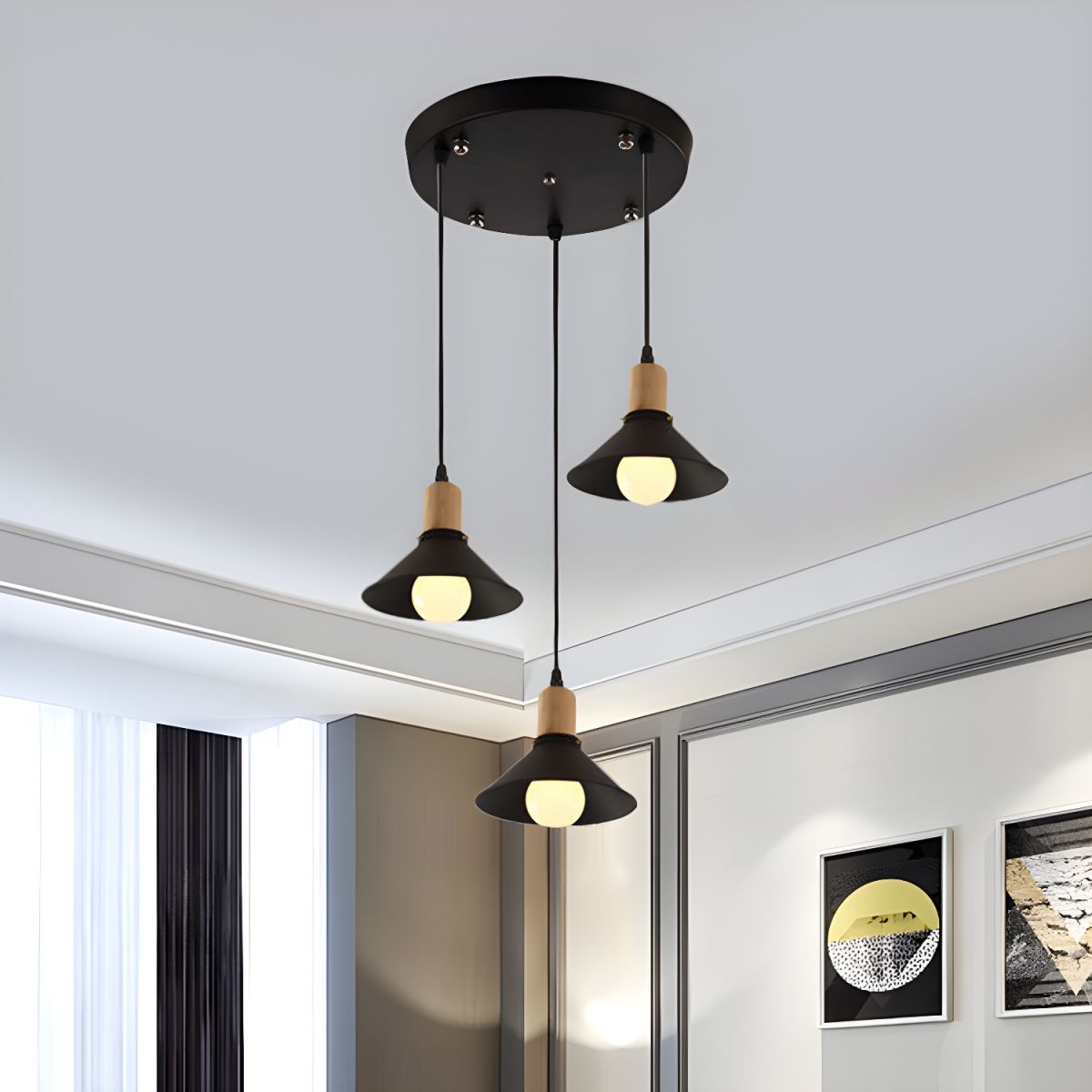 Black Conical Multi Drop Pendant Vintage Metal 3 Head Living Room Hanging Light Fixture With